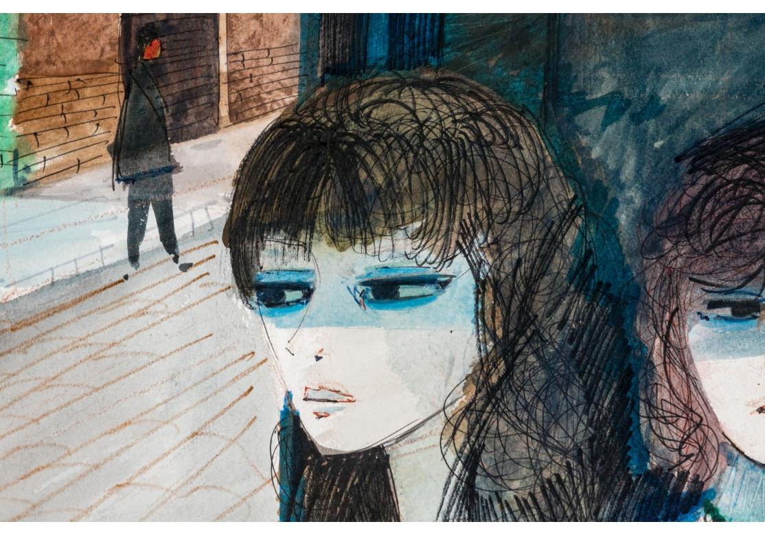 Aquarell und Tinte mit zwei Frauen, die im Schatten unter einem gestreiften Baldachin stehen und mit blau getönten Augen auf eine Straßenszene mit Figuren blicken.
Präsentiert in einem strukturierten und glatten Nickelrahmen, mattiert und