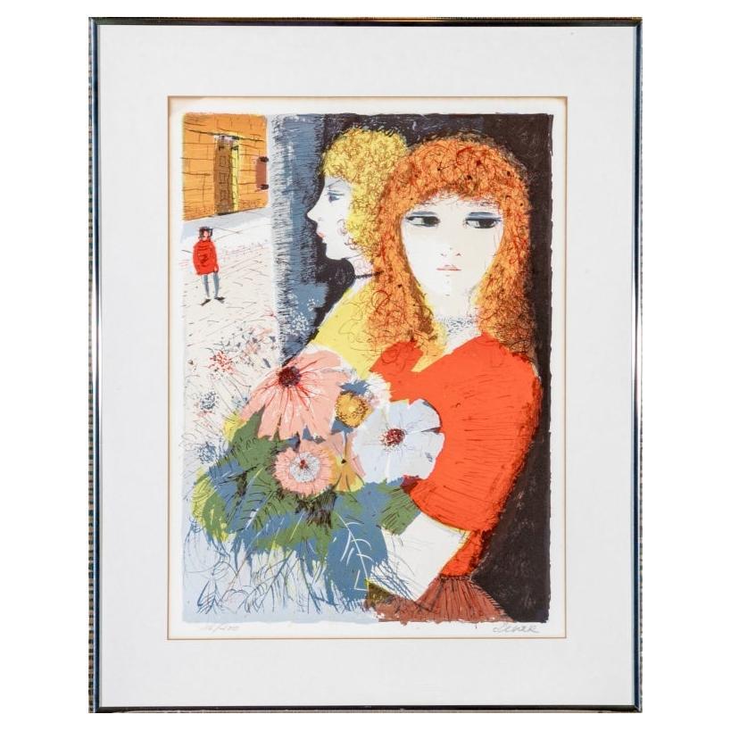 Charles Levier (French, 1920 - 2003) Woman With Bouquet Limited Ed. Lithograph