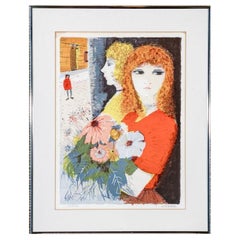 Retro Charles Levier (French, 1920 - 2003) Woman With Bouquet Limited Ed. Lithograph