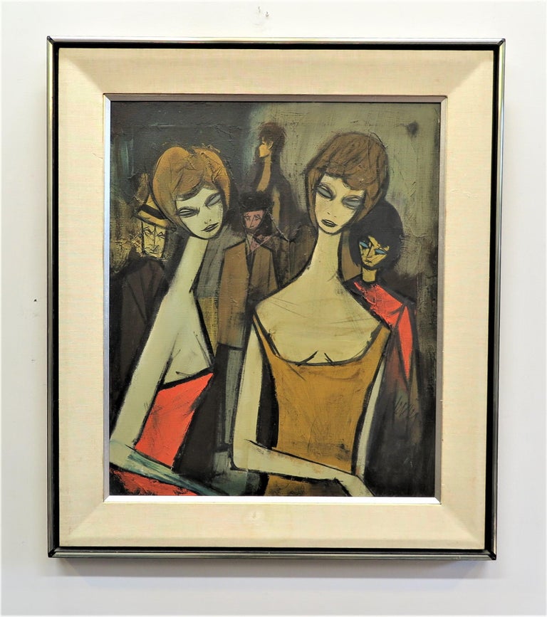 Charles Levier oil on canvas, original singed. Size unframed 20 x 24, period 1960. Painting is in very good condition. This work embraces his iconic Female figures with hollow eyes captivating and colorfully having a modern cubist appeal. French
