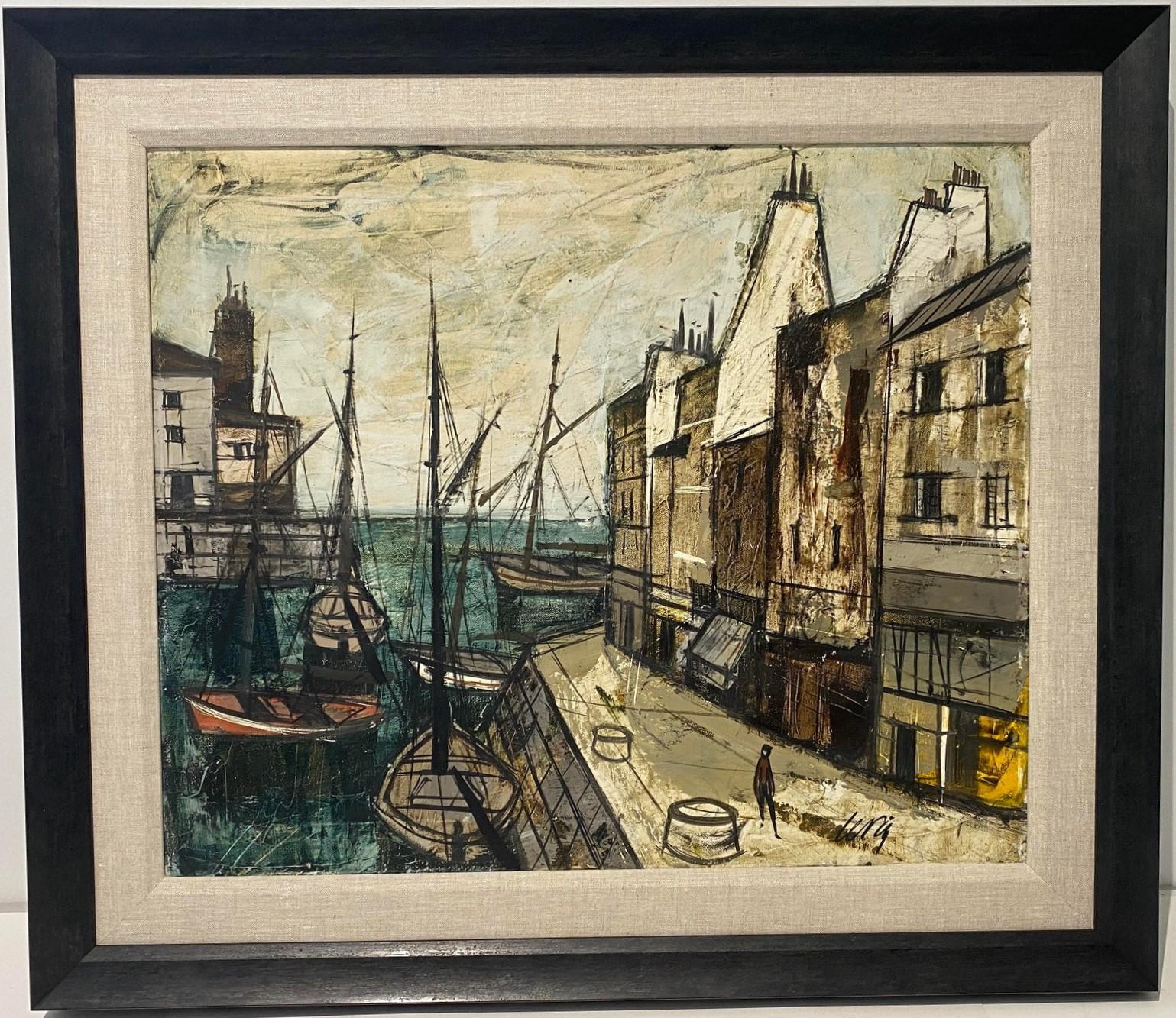 Iconic French port scene with boats and small shops., newly custom framed.

Frame size is 30