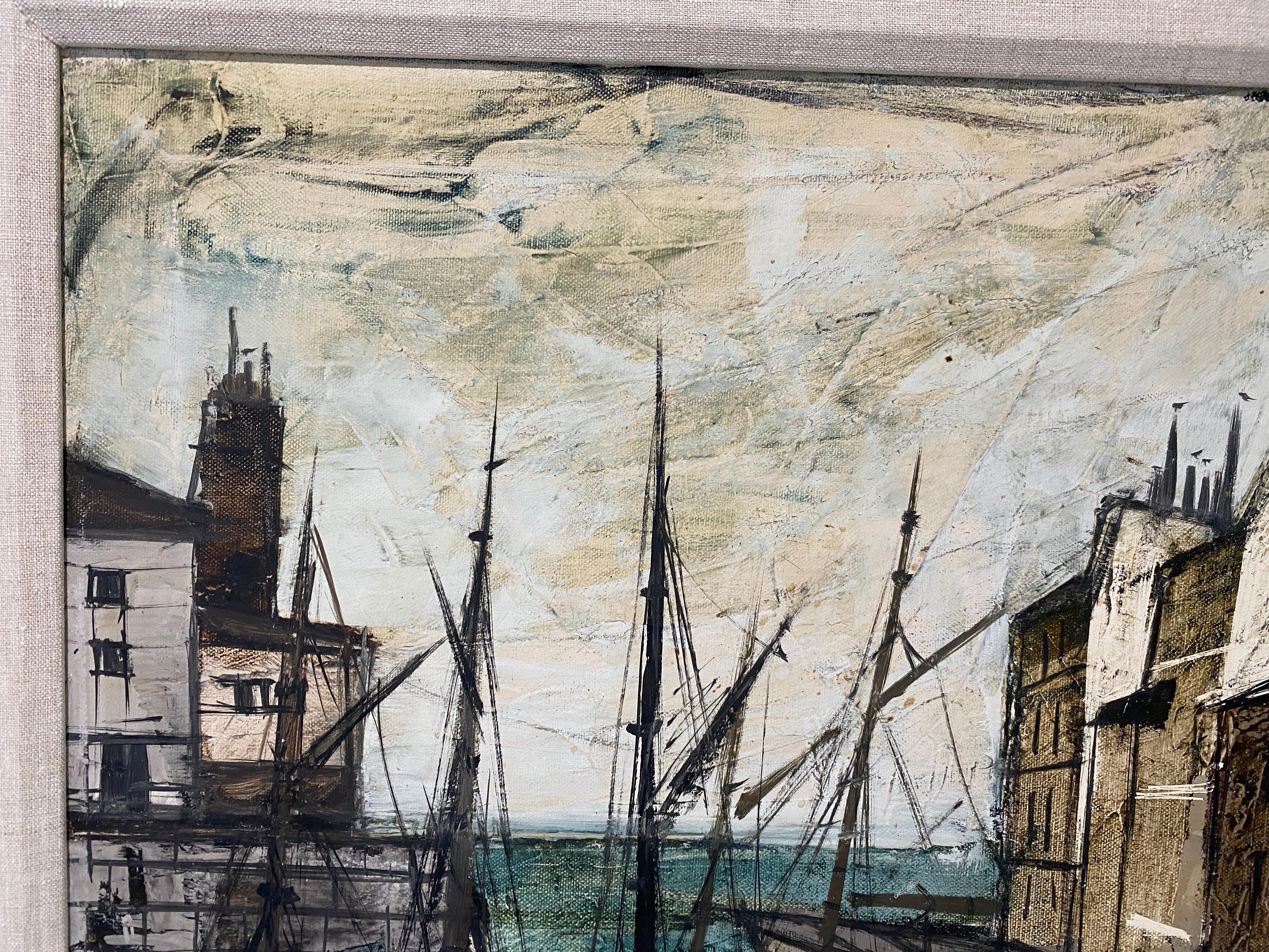 Mid-Century Modern Charles Levier Painting of French Port and Boats For Sale