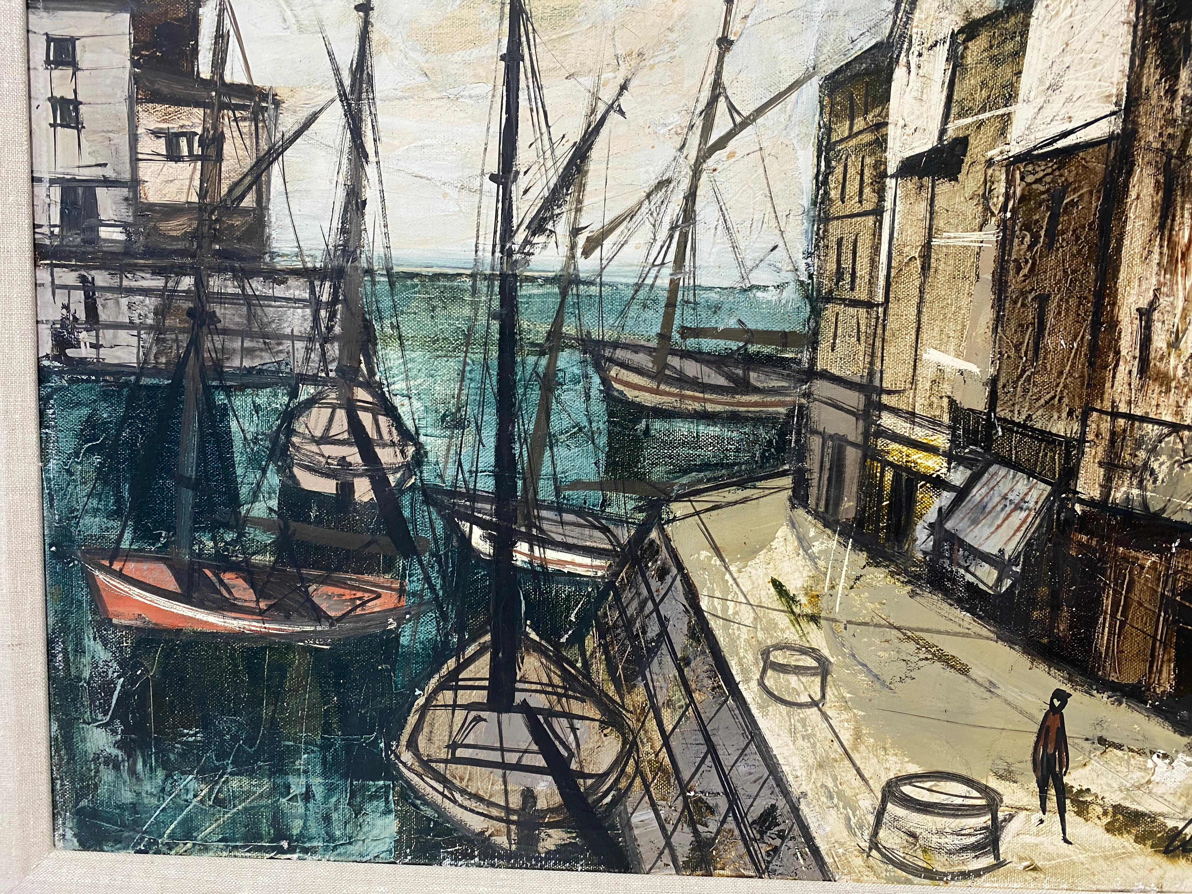 20th Century Charles Levier Painting of French Port and Boats  For Sale