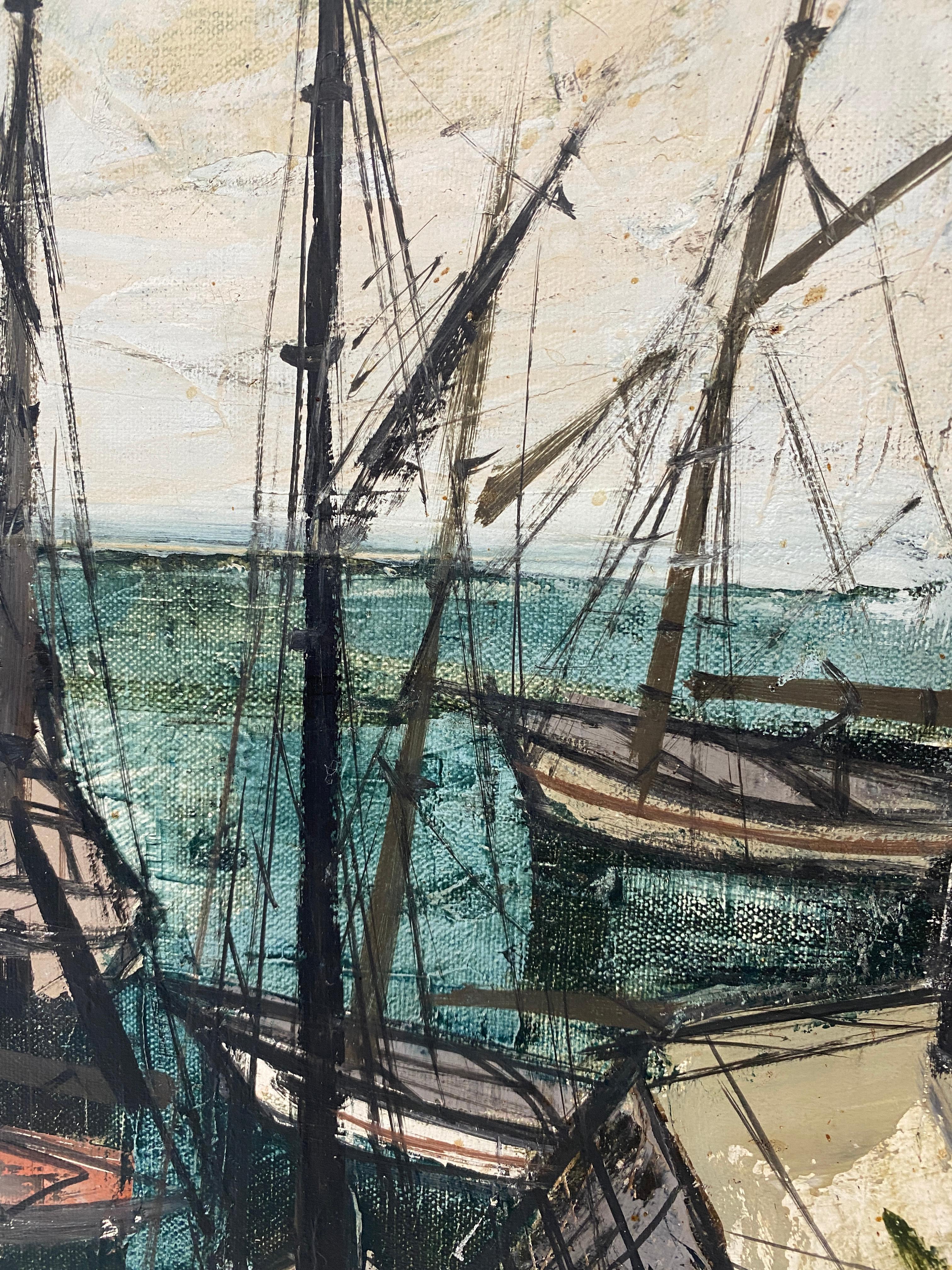 Canvas Charles Levier Painting of French Port and Boats For Sale