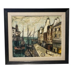 Vintage Charles Levier Painting of French Port and Boats 