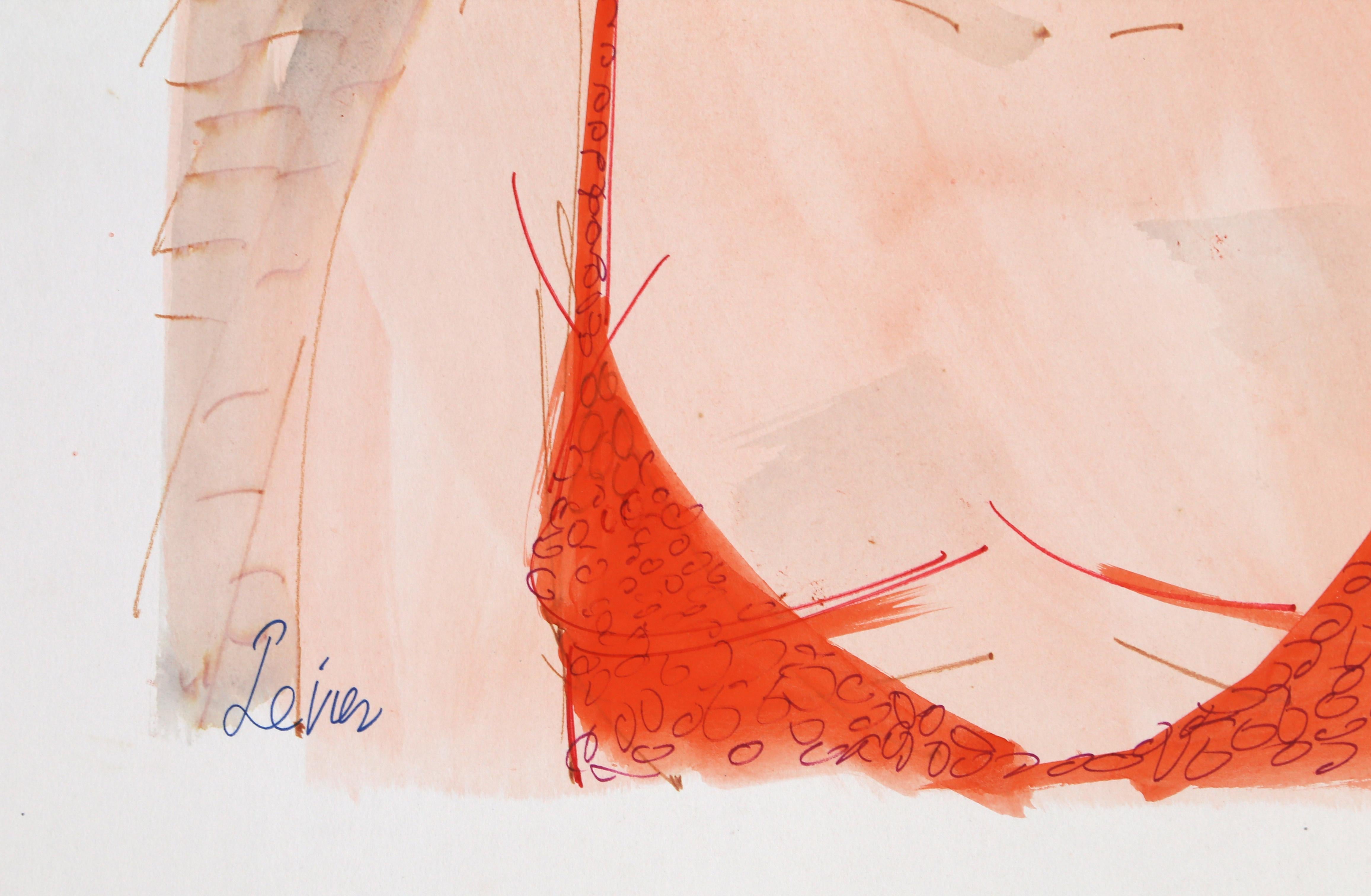 Rubia con bañador rojo, acuarela expresionista de Charles Levier en venta 1