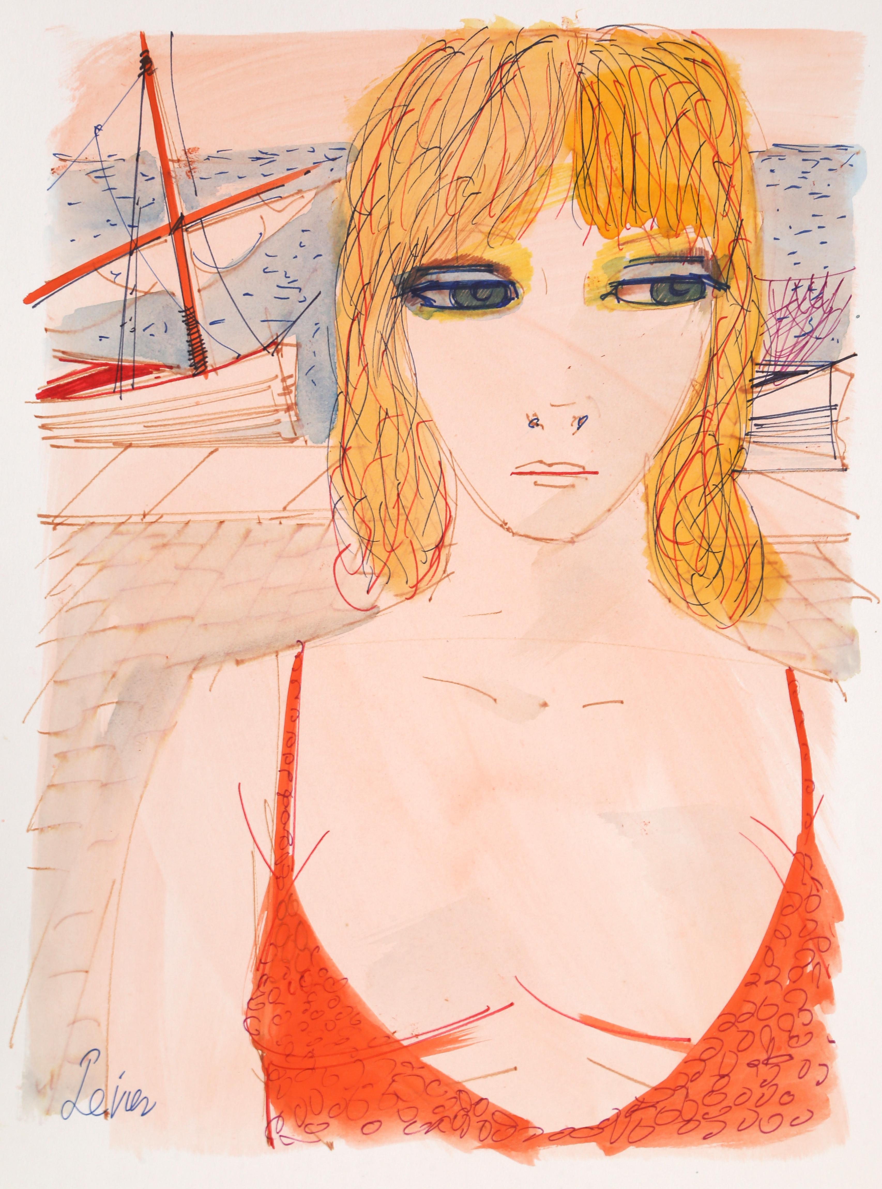 Charles Levier Portrait Painting - Blonde in Red Swim Suit