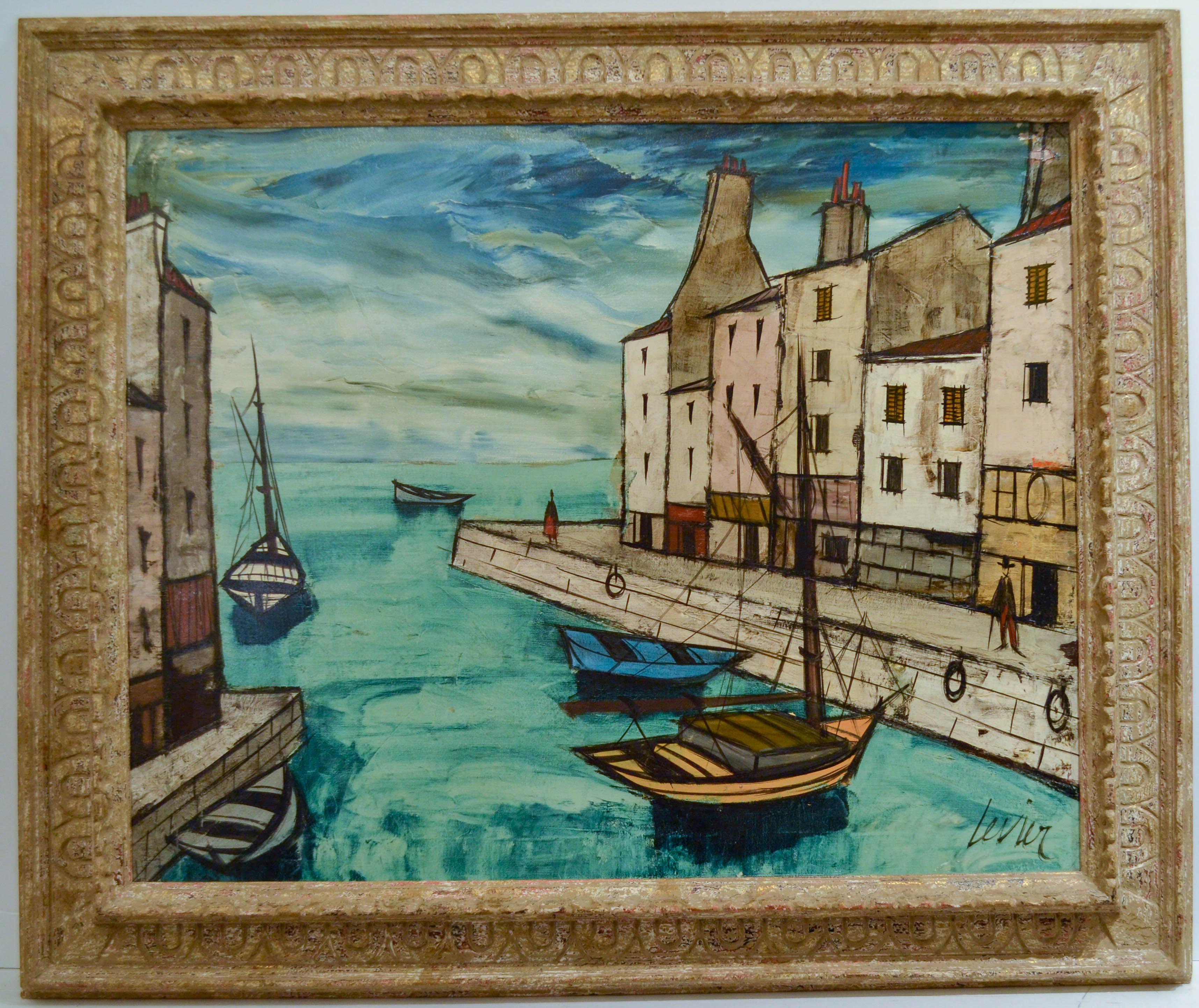 "Boats in a Canal" Oil on Canvas 24 x 30 - Painting by Charles Levier