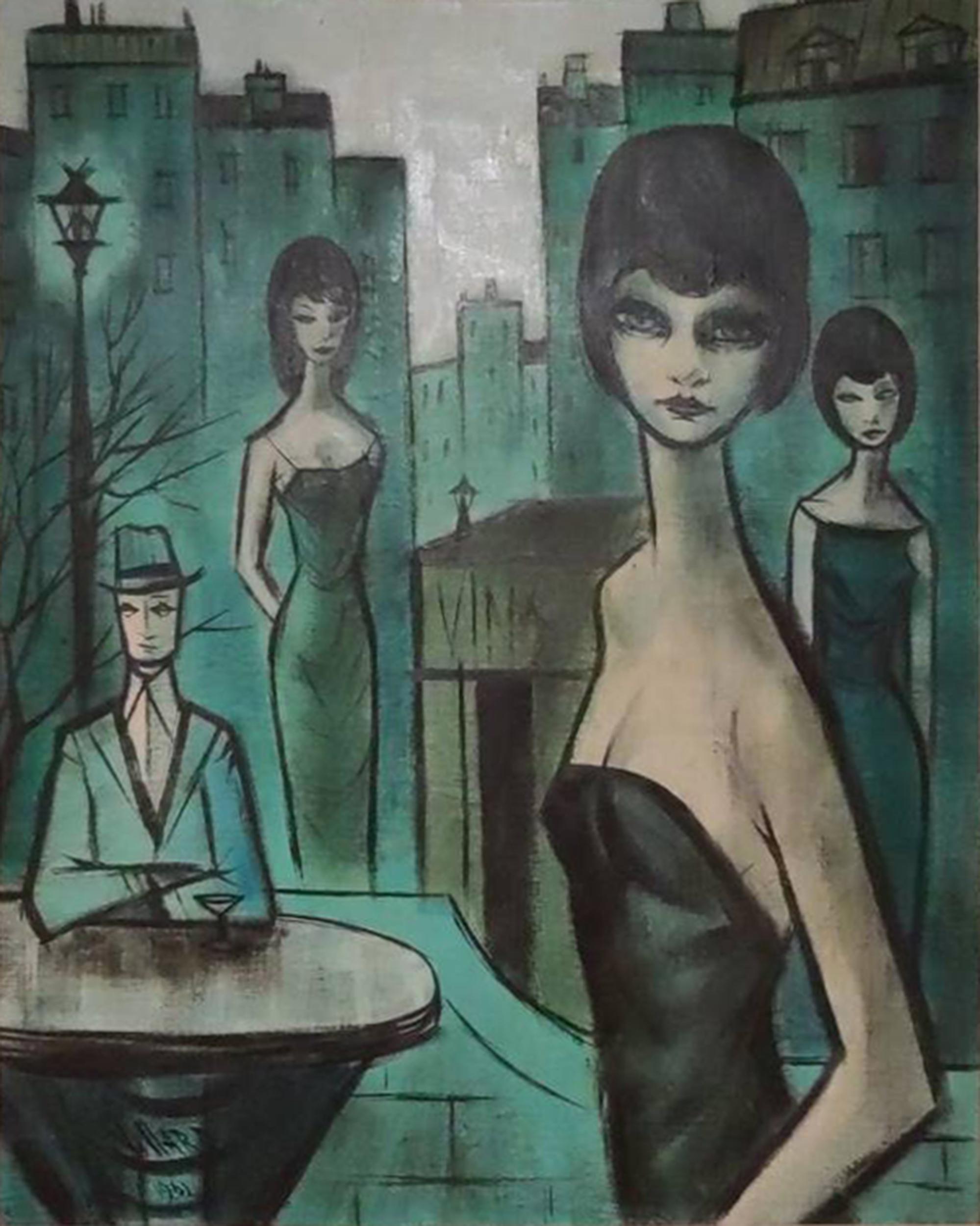 Cafe Scene in Paris, 1961, Surrealist Oil Painting by Charles Levier 1