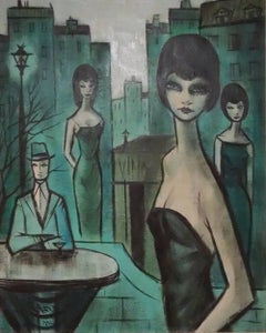 Cafe Scene in Paris, 1961, Surrealist Oil Painting by Charles Levier