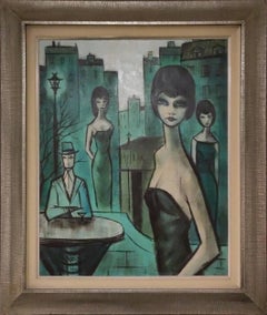 Escena de café en París, 1961, óleo surrealista de Charles Levier