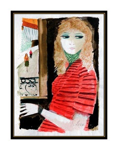 Charles Levier Gouache Painting Original Signed Female Figurative Portrait Art