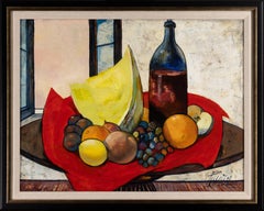 Charles Levier "La Nappe" Huile sur toile signée Nature morte au melon c. 1965