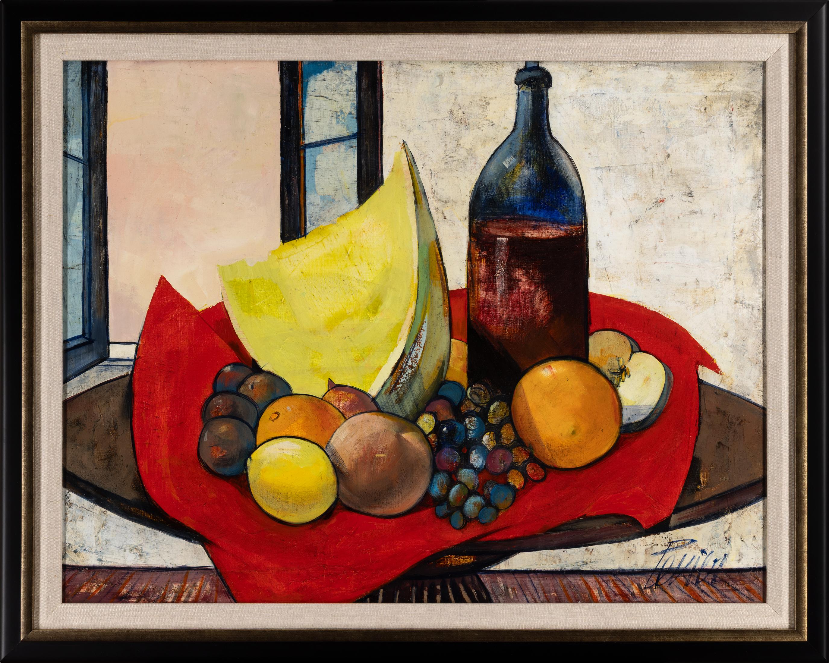 CHARLES LEVIER – “LA NAPPE”
Oil on Canvas ⚜ Signed Lower Right & Verso ⚜ Custom Conservation Frame

A BRIGHTLY STAGED MIDCENTURY STILL LIFE BURSTING WITH COLOR & FORM
“La Nappe” is a vivid midcentury still life by Charles Levier, painted circa 1965