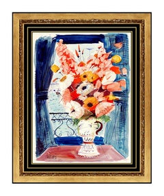 Charles Levier Large Gouache Painting on Board Signed Floaral Still Life Artwork