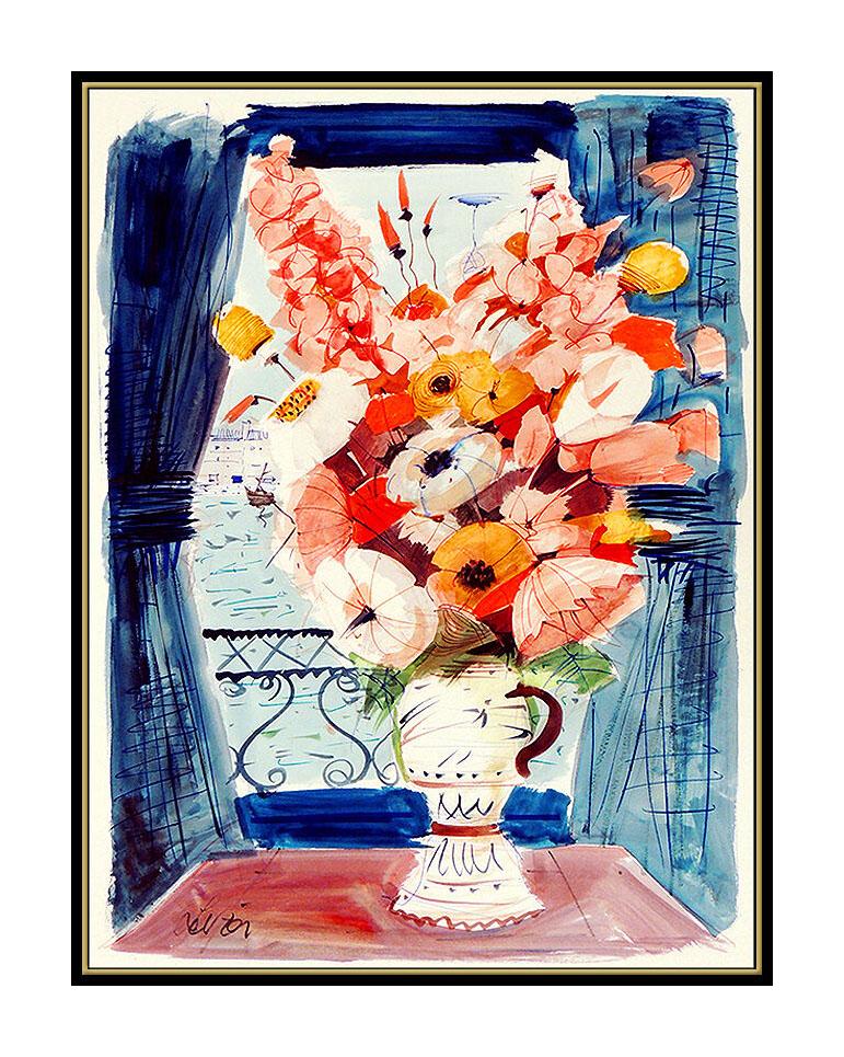 Charles Levier Large Gouache Painting on Board Signed Floaral Still Life Artwork For Sale 1