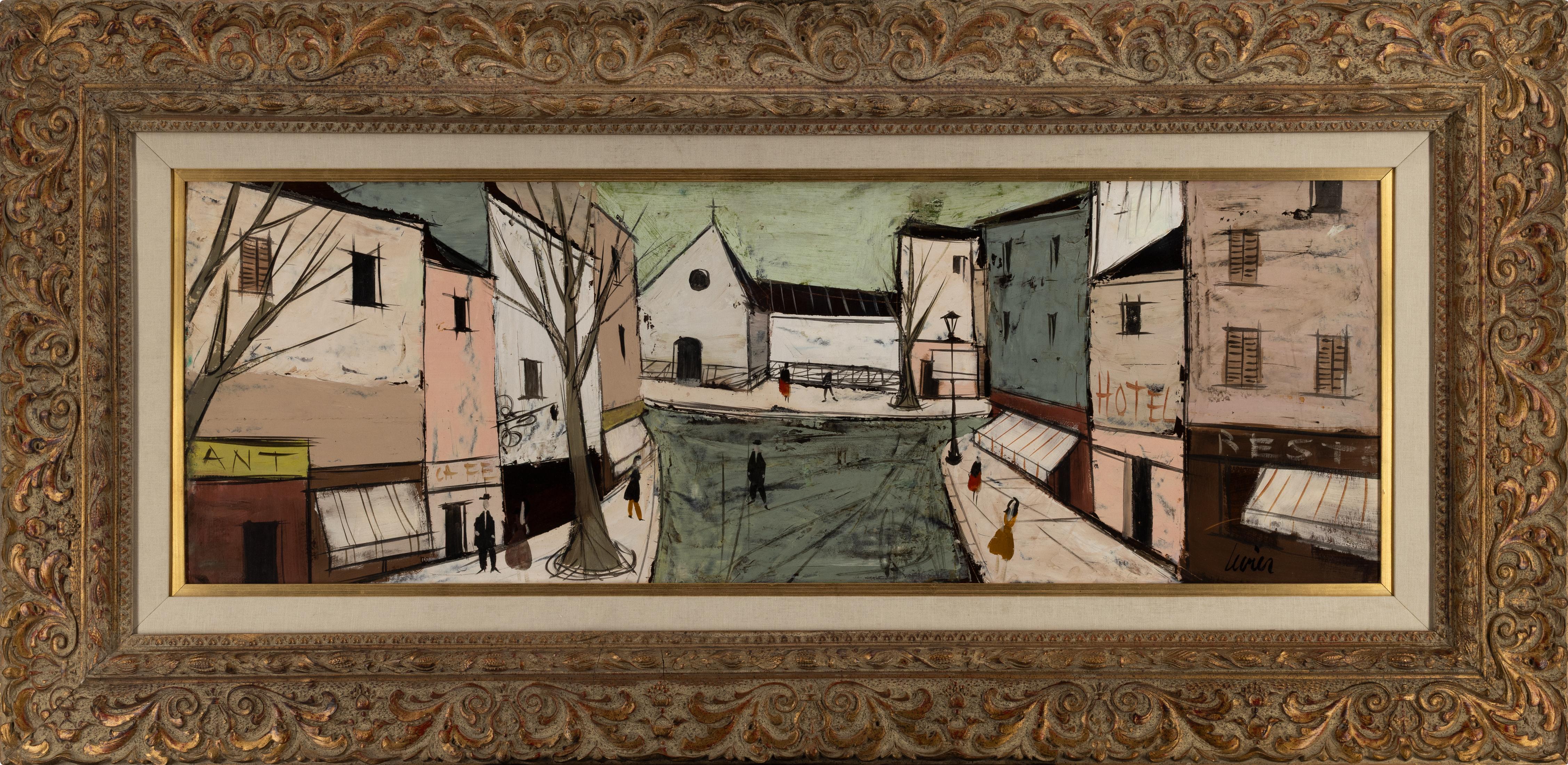 Charles Levier Large Street Scene, Signed Oil on Board, Framed c. 1960