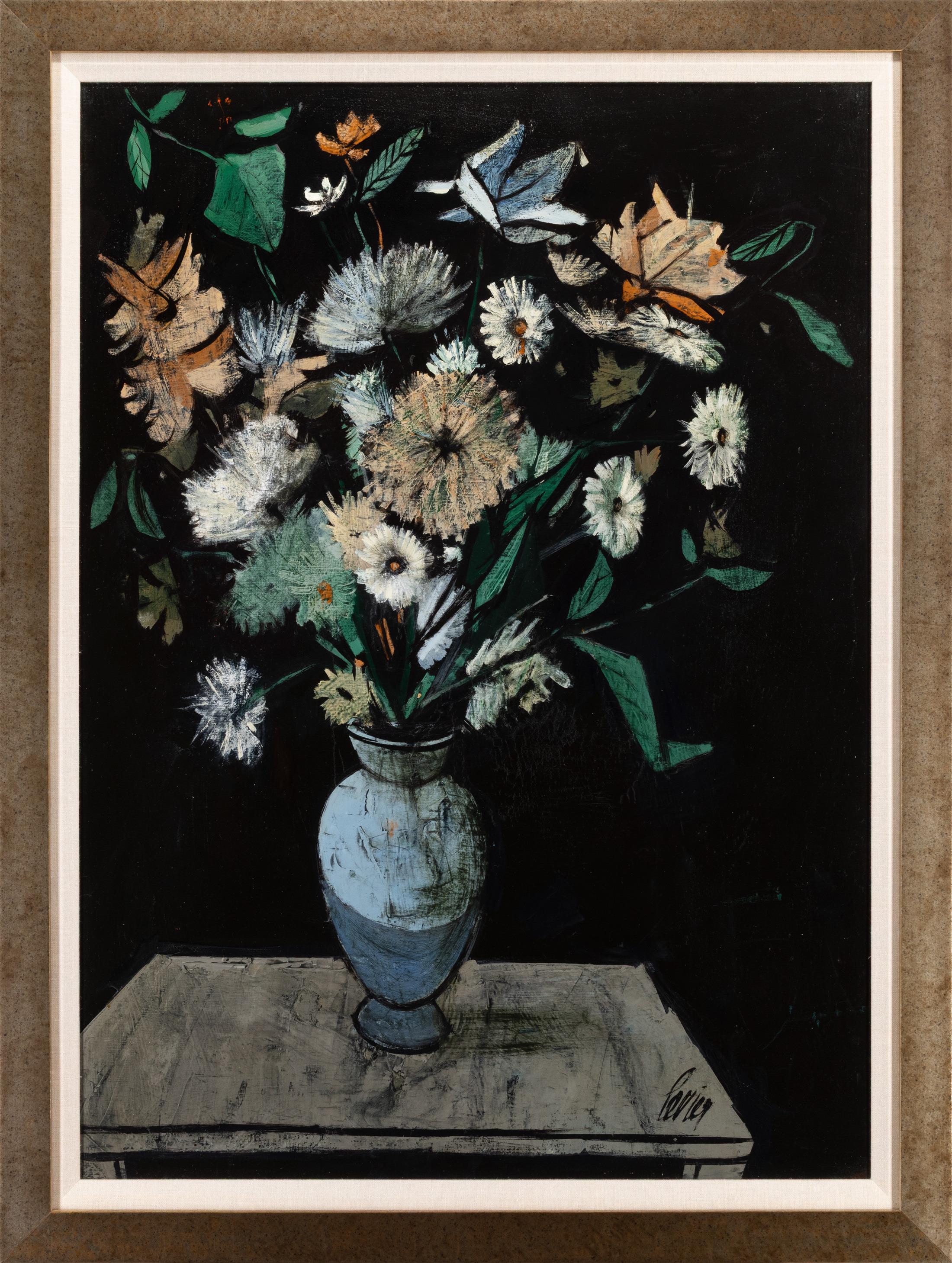 CHARLES LEVIER – "LE VASE BLEU"
Oil on Canvas ⚜ Signed Lower Right & Verso ⚜ Professionally Framed

A RARE MIDCENTURY STILL LIFE WITH HISTORICAL DEPTH
A striking floral still life by Charles Levier, Le Vase Bleu stands out with its high-contrast