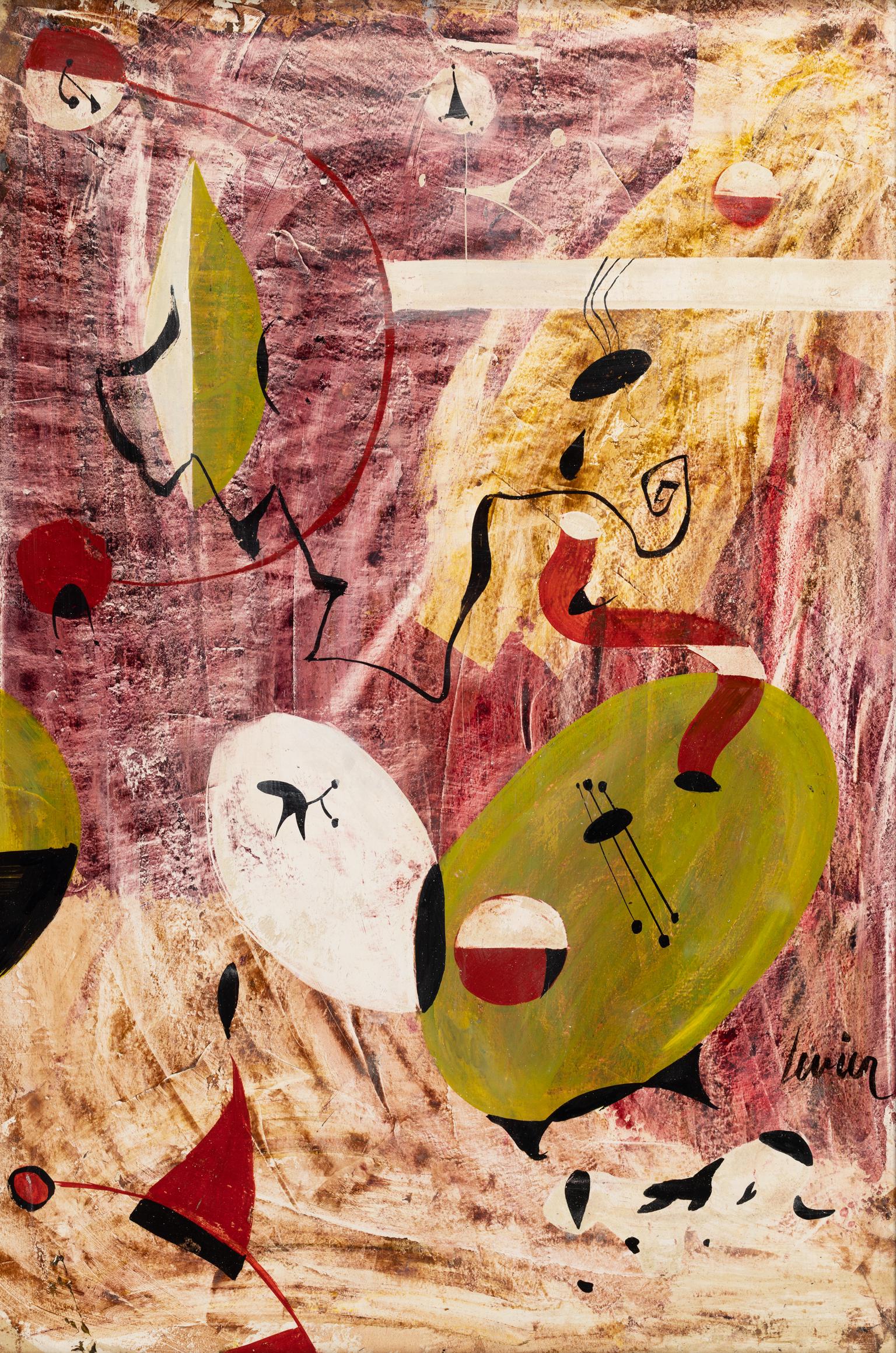 Charles Levier [Mélodie cosmique] circa 1955 firmato olio su tavola, surrealista in vendita 2