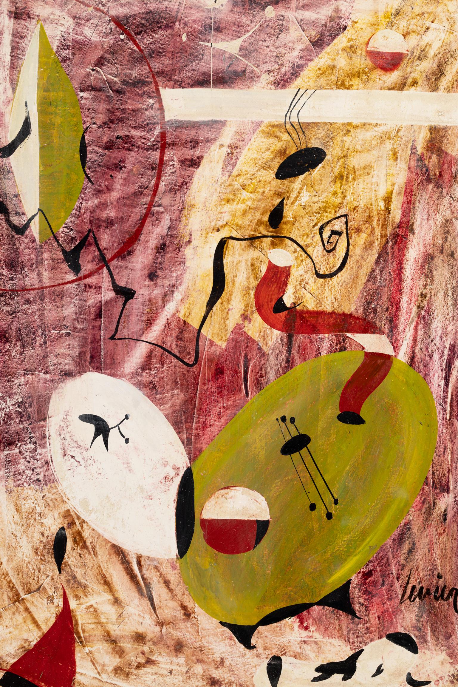 Charles Levier [Mélodie cosmique] circa 1955 firmato olio su tavola, surrealista in vendita 3