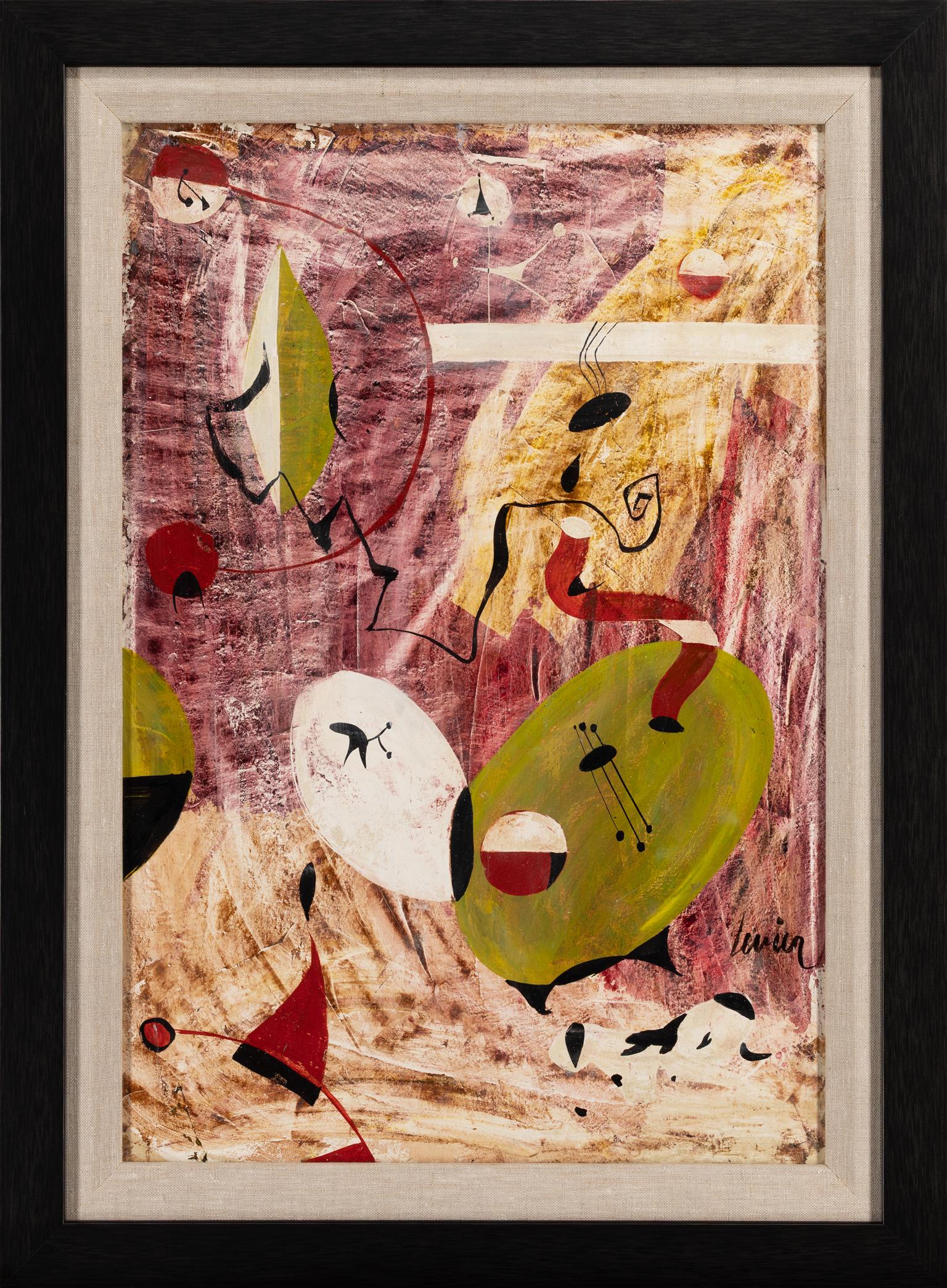 CHARLES LEVIER - "[MÉLODIE COSMIQUE]".
⚜ Olio su tavola ⚜ Firmato a mano in basso a destra ⚜ Cornice personalizzata

ASTRAZIONE SURREALISTA DI METÀ SECOLO
In [Mélodie cosmique], Charles Levier si allontana dalla sua familiare figurazione per