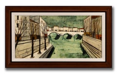 Charles Levier Midcentury Oil Painting of French Canal Scene, Signed c. 1955