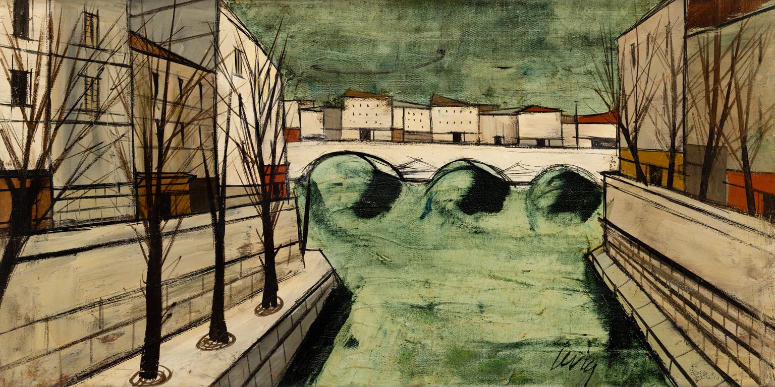 Peinture à l'huile de Charles Levier représentant une scène de canaux français, signée vers 1955 en vente 2