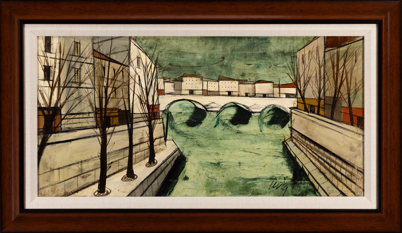 Charles Levier Midcentury Oil Painting of French Canal Scene, Signed c. 1955