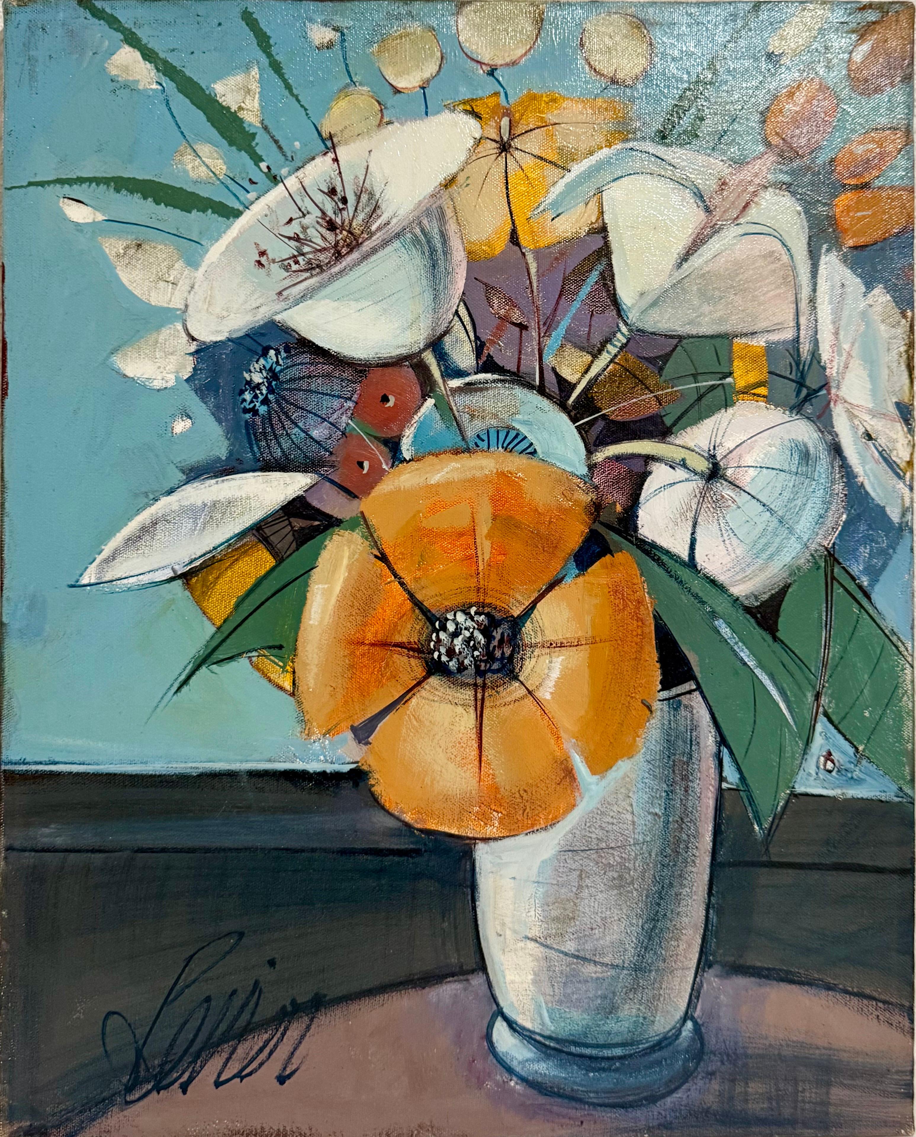 Charles Levier Modernist Artist Vase of Flowers in Bloom Window Paris Modernism en vente 1