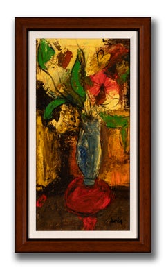 Charles Levier Pittura a olio, firmata Natura morta floreale del Medioevo, incorniciata C.C. 1955