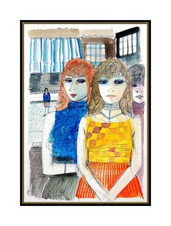 Charles Levier Original Gouache Painting Hand Signed Female Portrait Art Framed