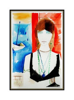 Charles Levier Original Gouache Painting Signed Female Portrait French Artwork