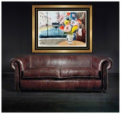 CHARLES LEVIER Original Gouache PAINTING Signed Floral Still Life oil Art LARGE