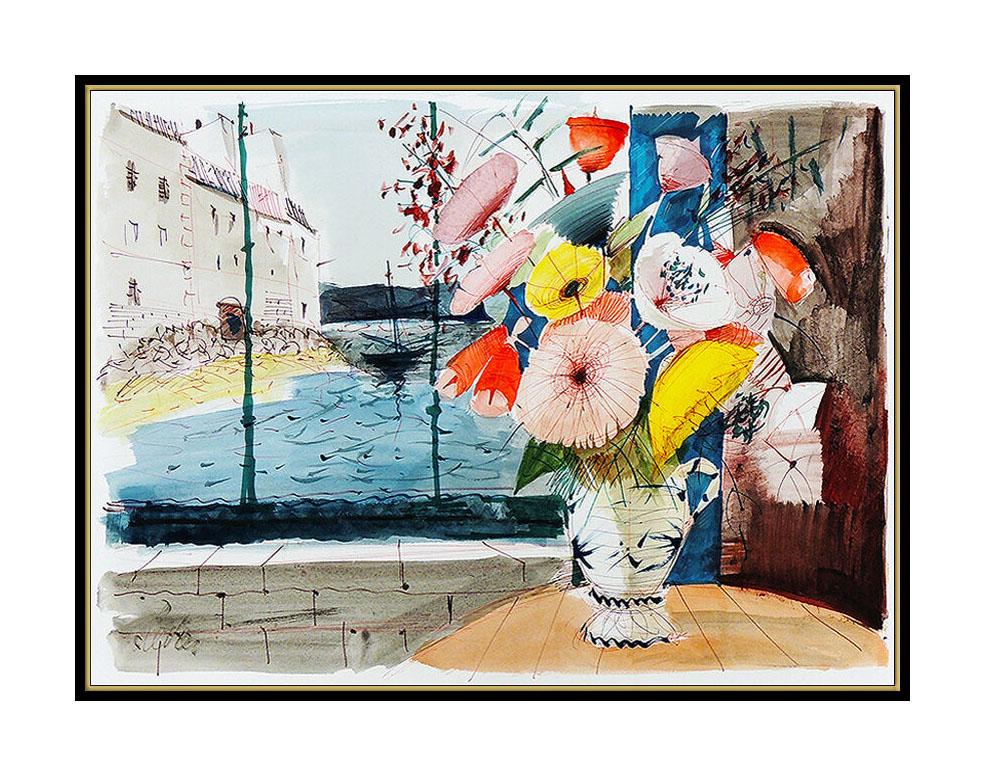 CHARLES LEVIER Original Gouache PAINTING Signed Floral Still Life oil Art LARGE - Post-Impressionist Painting by Charles Levier
