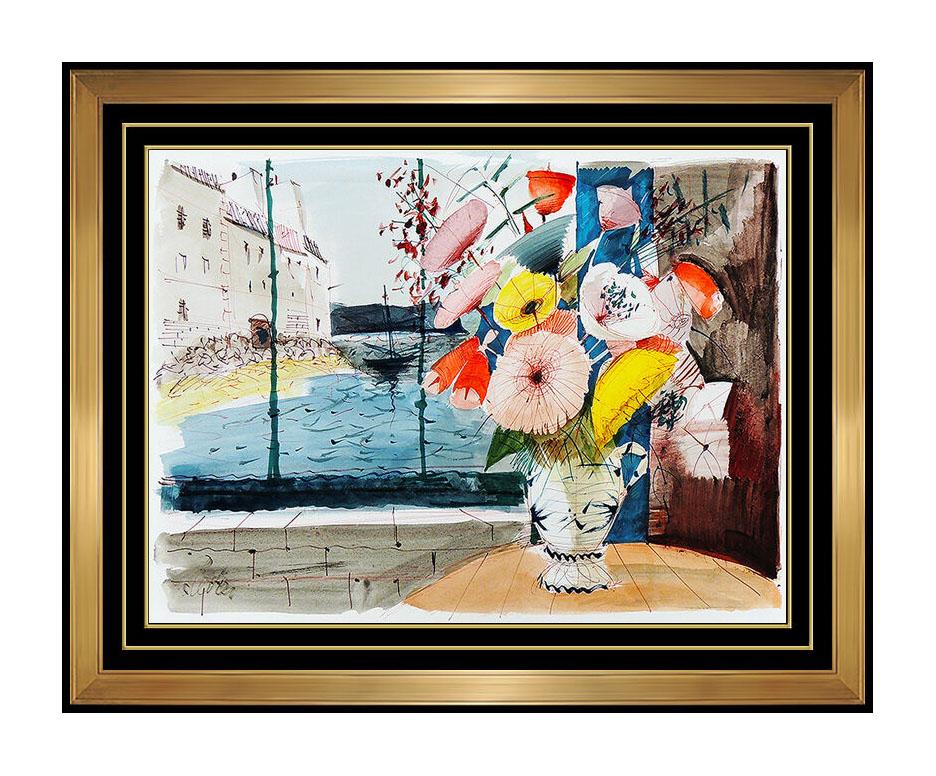 Charles Levier Still-Life Painting - CHARLES LEVIER Original Gouache PAINTING Signed Floral Still Life oil Art LARGE