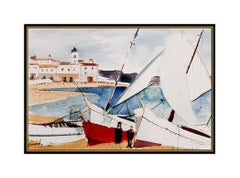 Charles Levier Original Gouache Painting Signed French Seascape Art Harbor oil