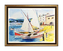 Charles Levier Original Gouache Painting Signed Seascape Boat Harbor Artwork SBO