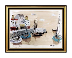 Charles Levier Original Gouache Signed Seascape Boat Harbor Landscape Artwork