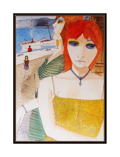 Charles Levier Original Painting Gouache Signed Female Portrait Seascape Artwork