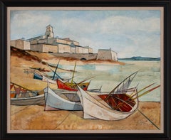Charles Levier "Port Corse" Coastal Harbor Scene Large Oil Painting, Framed
