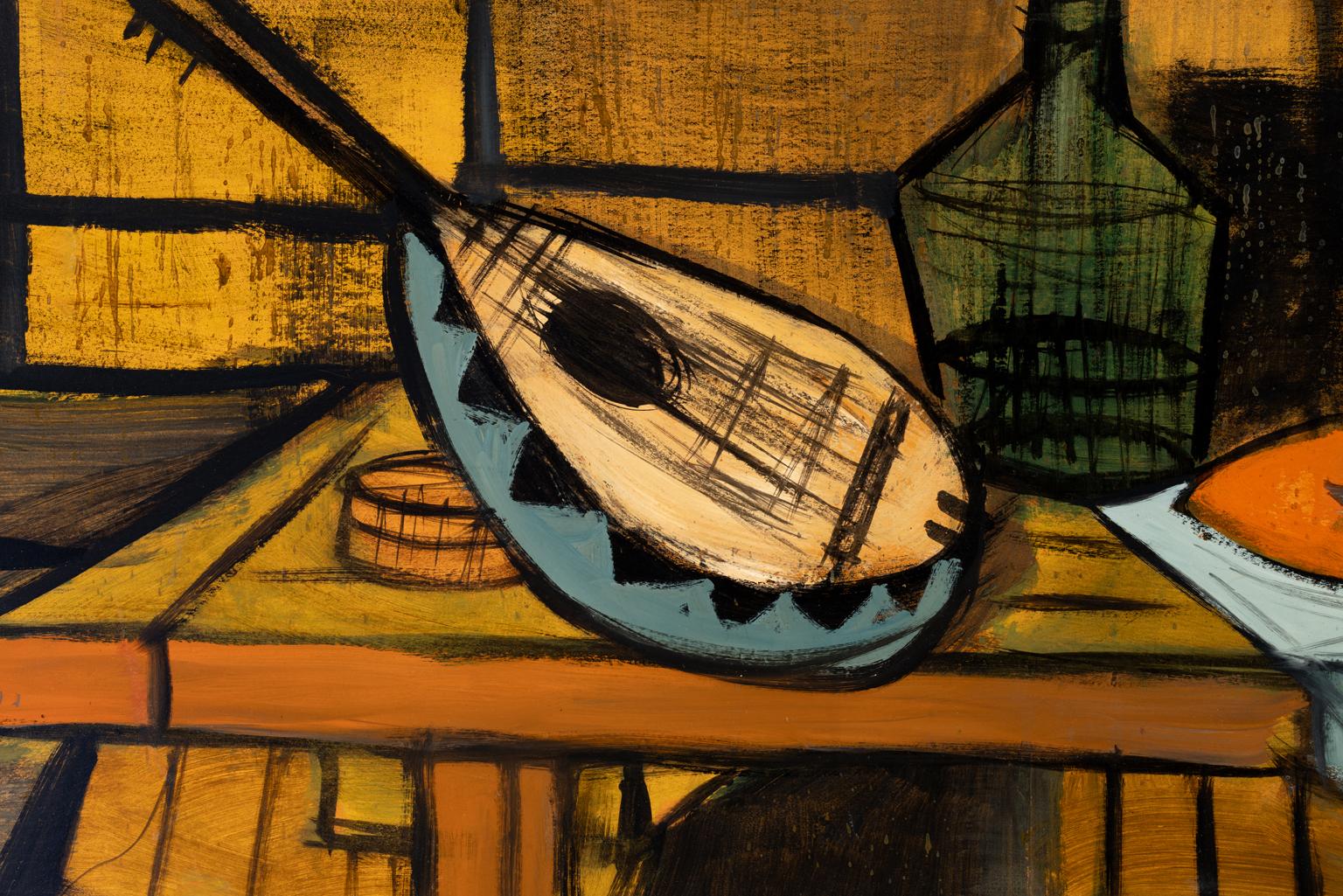 Charles Levier, signiertes Ölstillleben aus der Mitte des Jahrhunderts mit Mandolin und Obst, ca. 1955 im Angebot 4