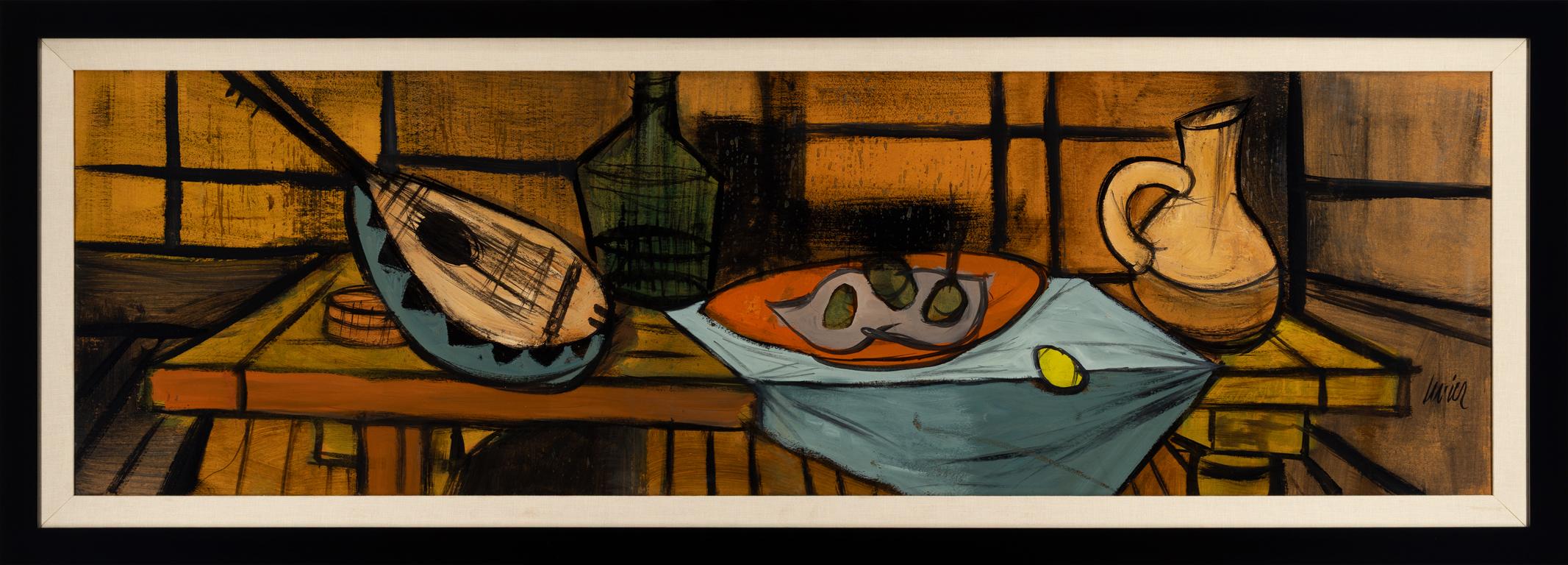 Charles Levier Signed Midcentury Oil Still Life with Mandolin & Fruit, c. 1955