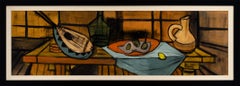Charles Levier Signed Midcentury Oil Still Life with Mandolin & Fruit, c. 1955