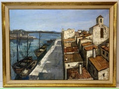 Charles Levier "Un Port" Pittura ad olio originale del 1950 circa