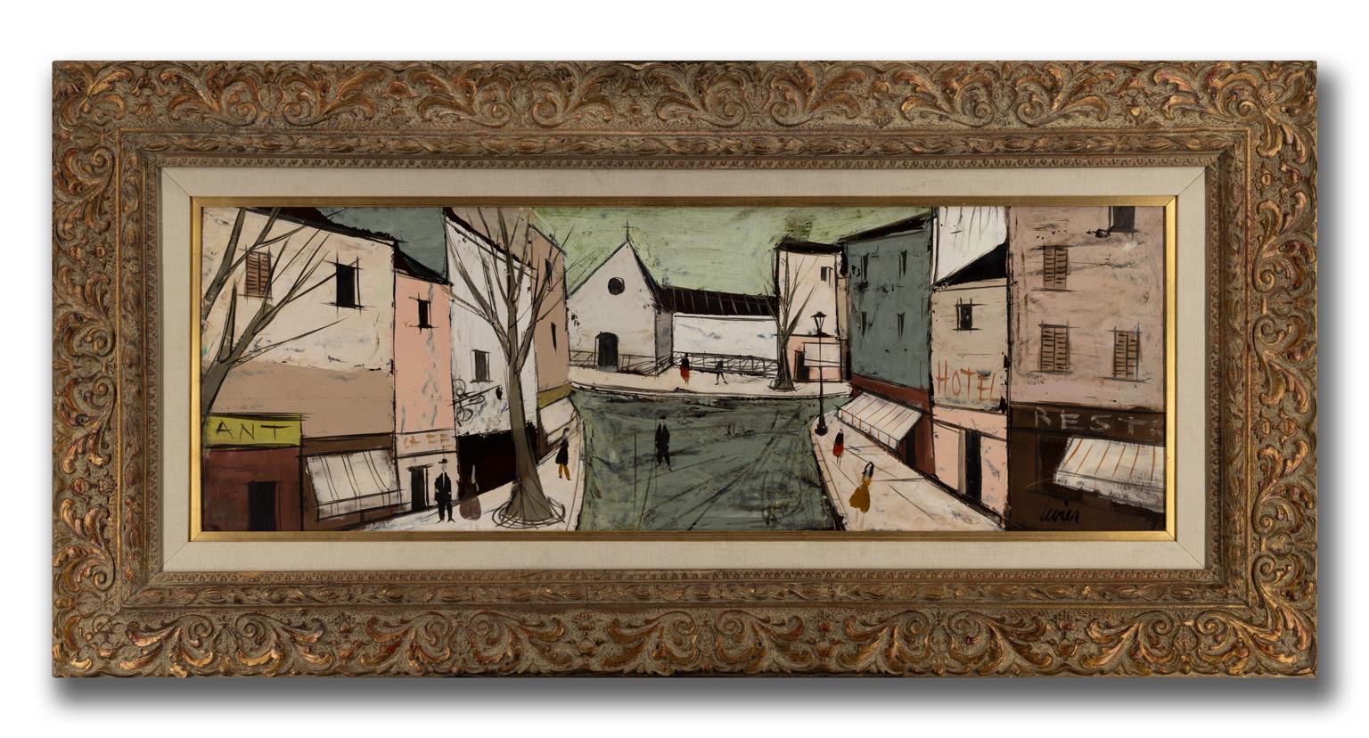 Charles Levier Straßenszene ohne Titel, signiertes Ölgemälde auf Karton, gerahmt um 1960 im Angebot 1
