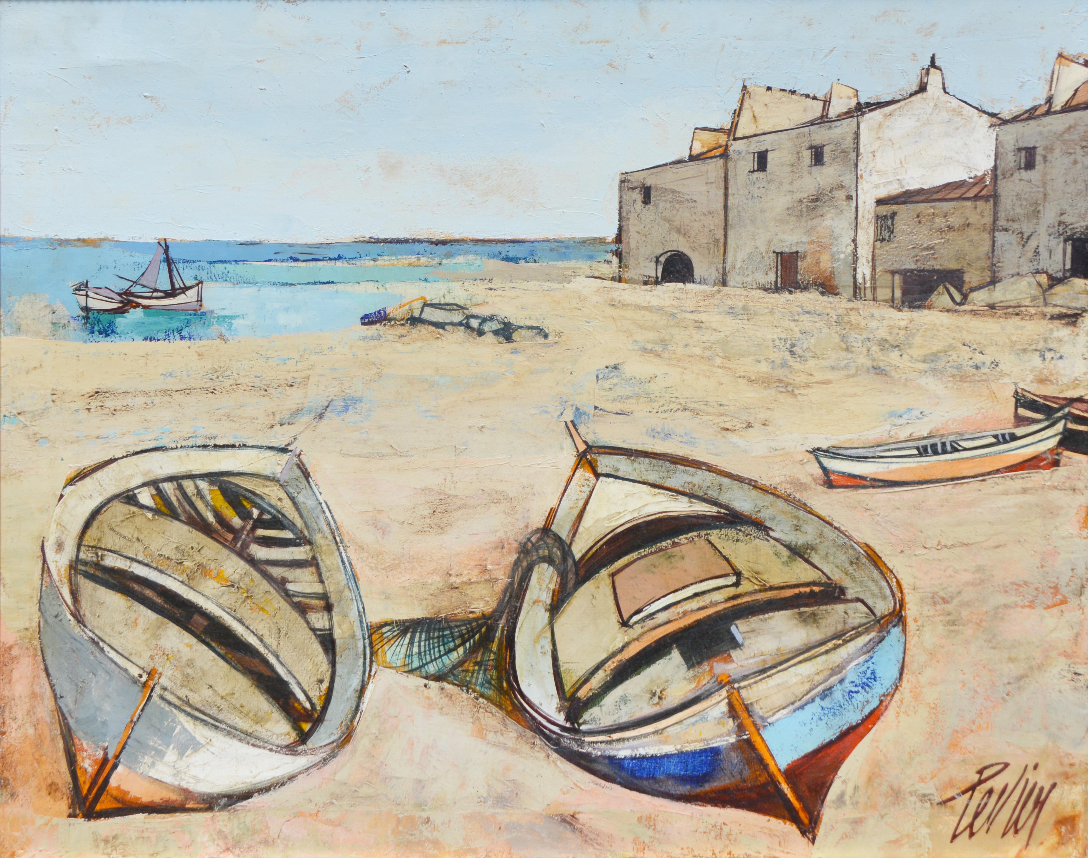 Charles Levier Figurative Painting - Cubist Boats at Harbor