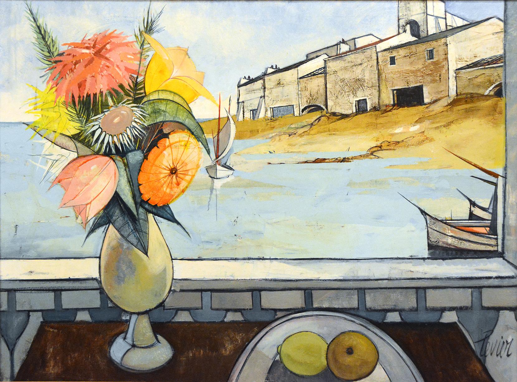 Charles Levier Still-Life Painting - Cubist Still-life of Flowers and Harbor