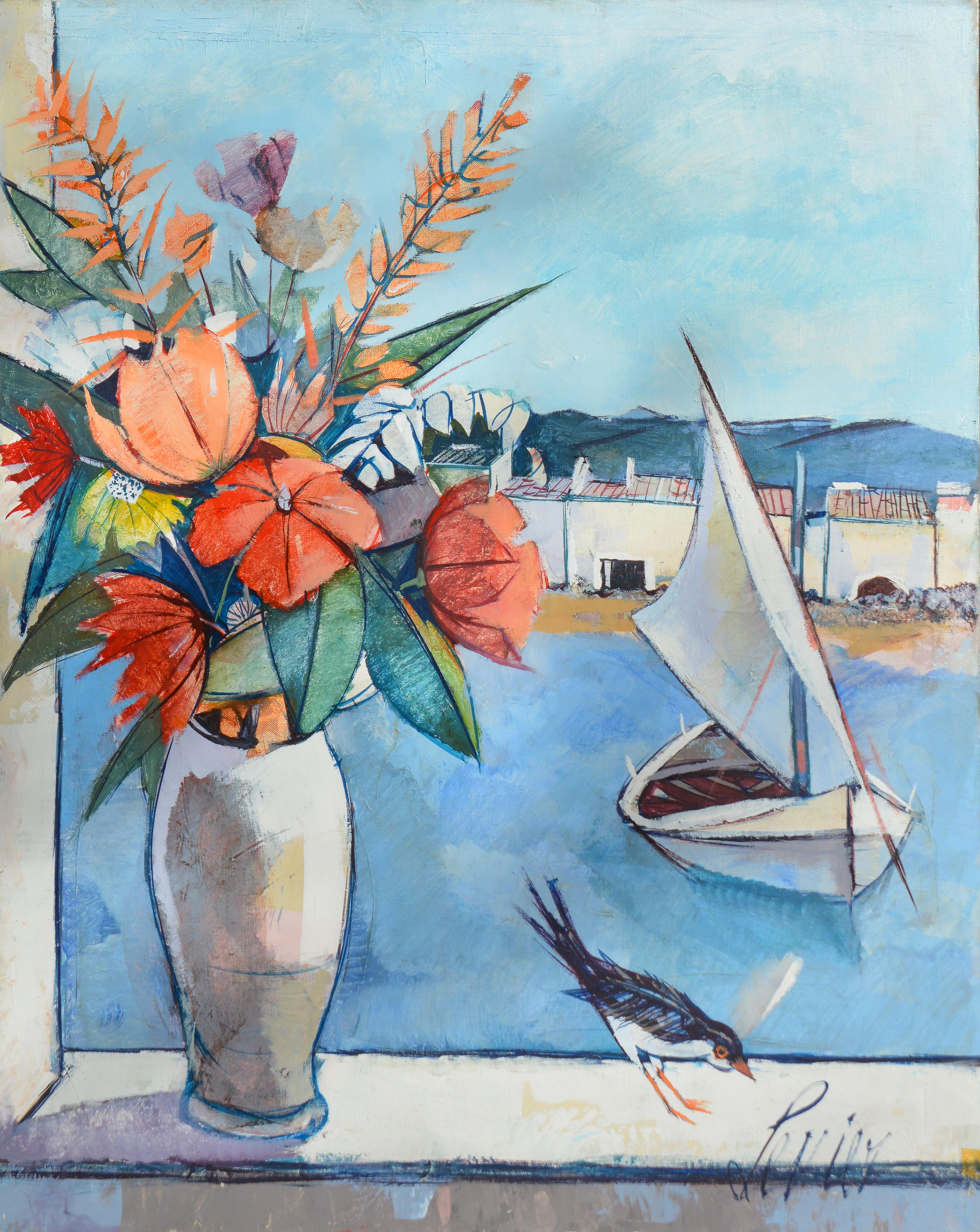 Charles Levier Figurative Painting - Cubist Still-life of Flowers, Harbor and Bird