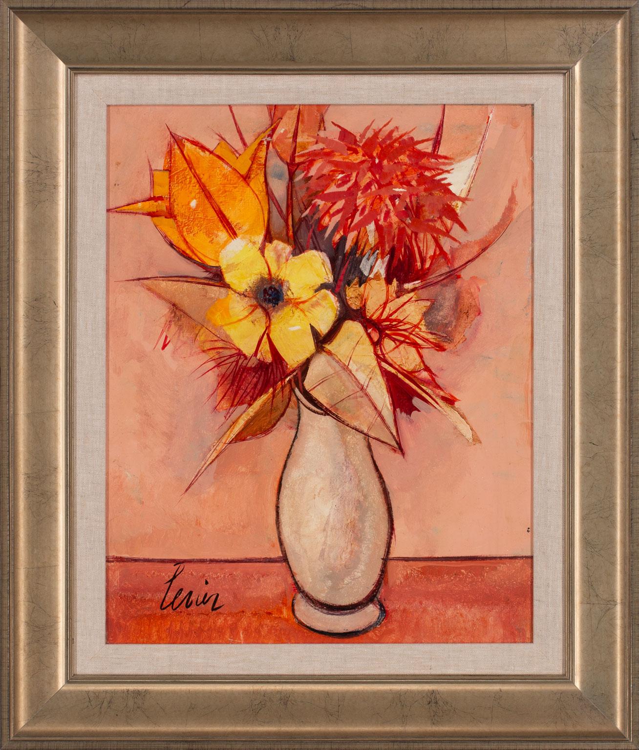"Fleurs" Floral Still Life Oil Painting on Canvas by Charles Levier, Framed