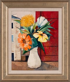Vintage "Fleurs" Floral Still Life Oil Painting on Canvas by Charles Levier, Framed